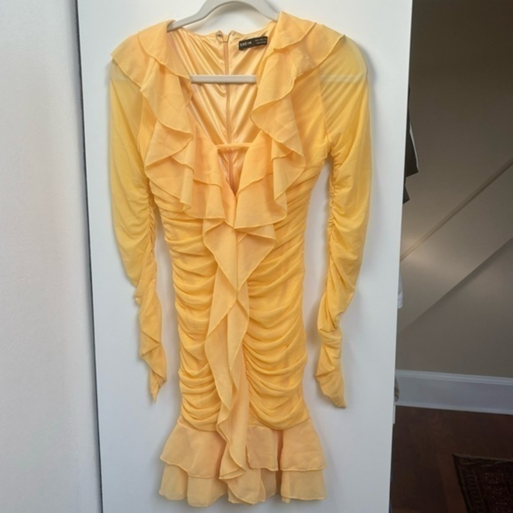 Shein yellow ruffle mini dresss long sleeve ruched